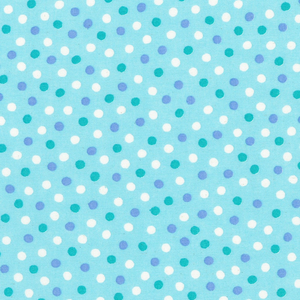 Gelato Polka Dots Blue Japanese quilting cotton fabric by Sevenberry for Robert Kaufman featuring white, teal, and lavender polka dots on a soft blue background.