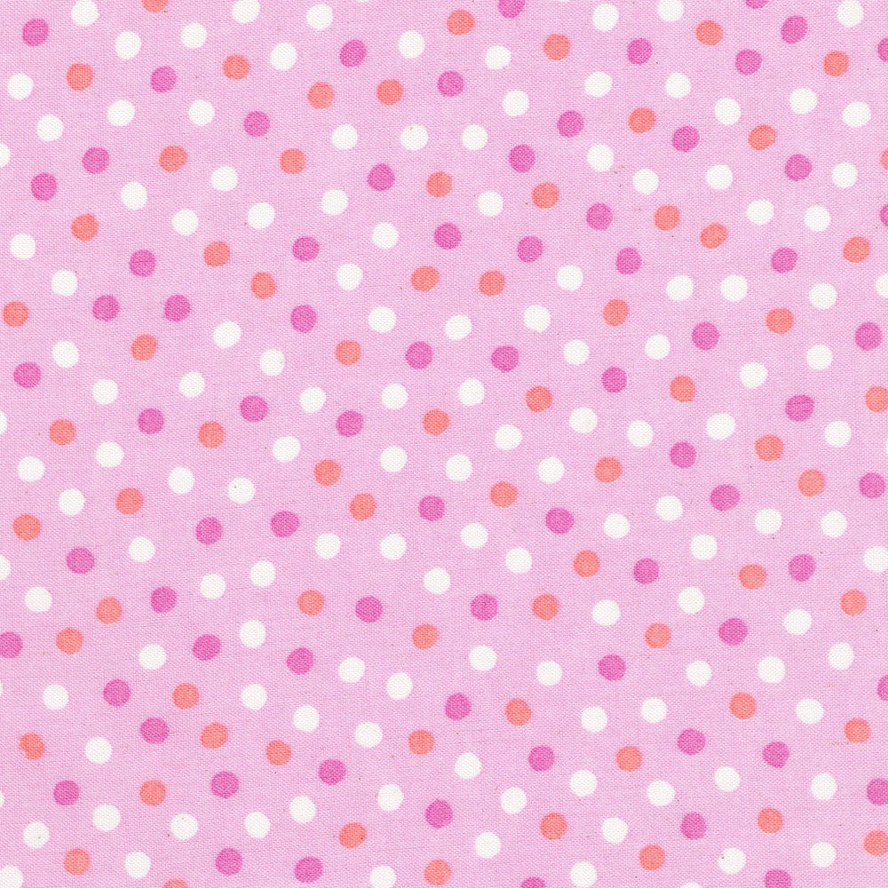 Gelato Polka Dots Lavender Japanese quilting cotton fabric by Sevenberry for Robert Kaufman featuring white, pink, and coral polka dots on a soft lavender background.
