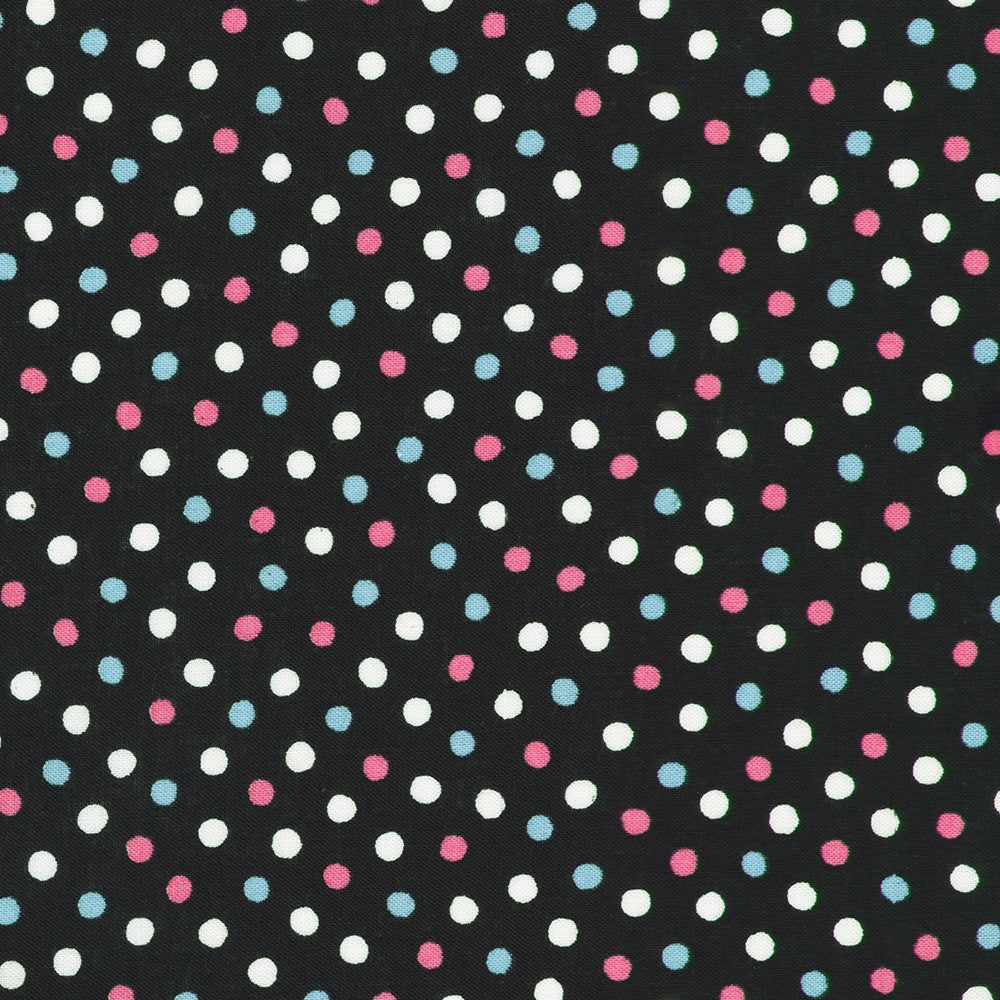 Gelato Polka Dots Black Japanese quilting cotton fabric by Sevenberry for Robert Kaufman featuring white, pink, and sky blue polka dots on a black background.
