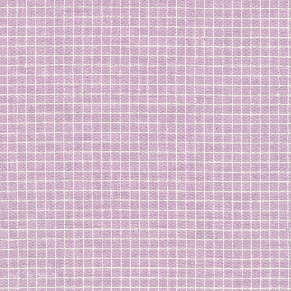 Gelato Grids Lavender Japanese quilting cotton fabric by Sevenberry for Robert Kaufman featuring a subtle white grid pattern on a soft lavender background.