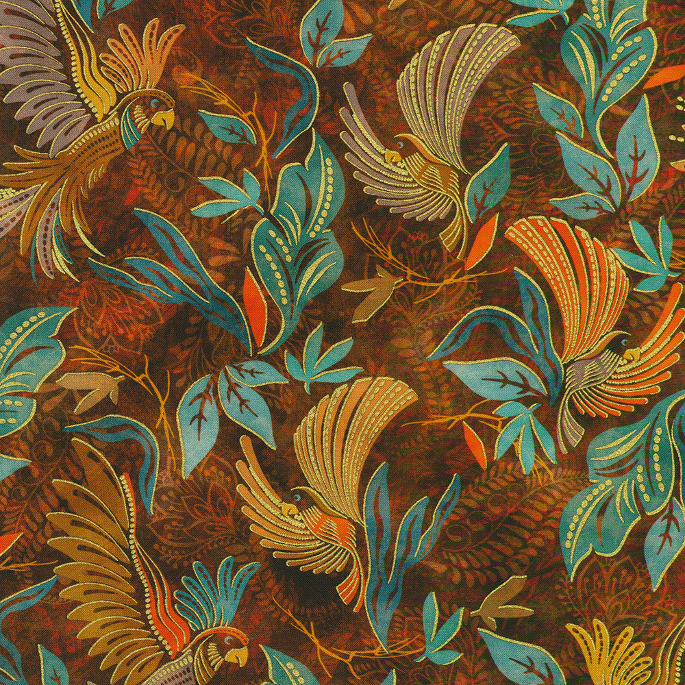 Golden Feathers Birds & Foliage Cayenne metallic quilting fabric by Studio RK for Robert Kaufman featuring elegant birds flying among leafy foliage on a rich cayenne background with shimmering gold metallic accents.