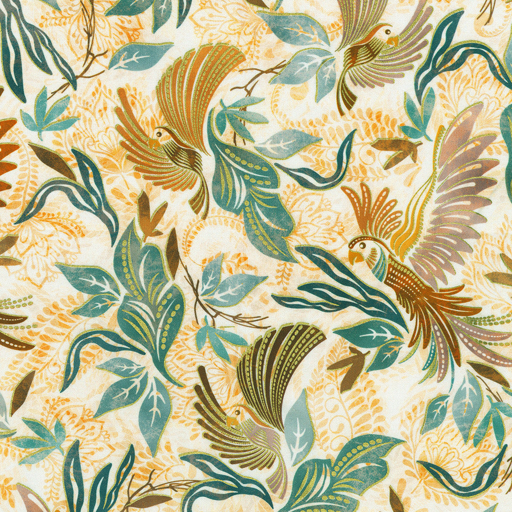 Golden Feathers Birds and Foliage Parchment metallic quilting fabric by Studio RK for Robert Kaufman featuring elegant birds flying among leafy foliage on a parchment background with shimmering gold metallic accents.