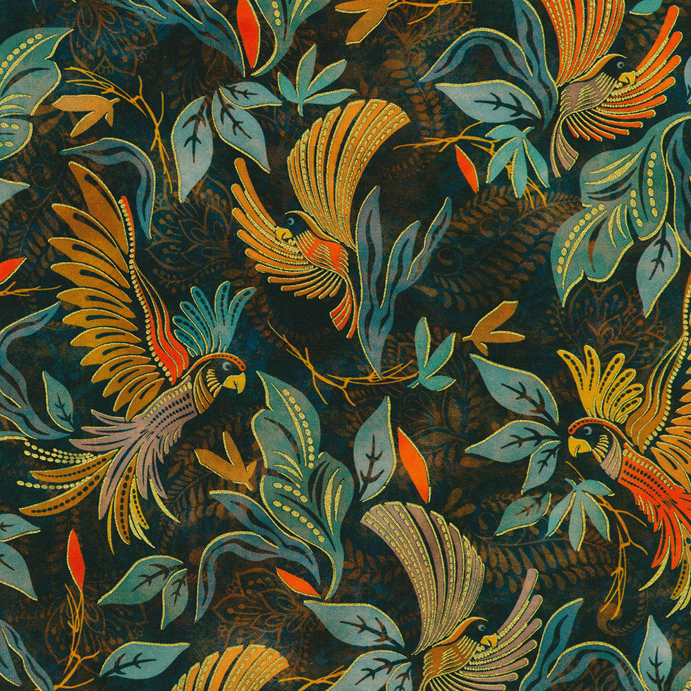 Golden Feathers Birds & Foliage Navy metallic quilting fabric by Studio RK for Robert Kaufman featuring elegant birds flying among leafy foliage on a deep navy background with shimmering gold metallic accents.