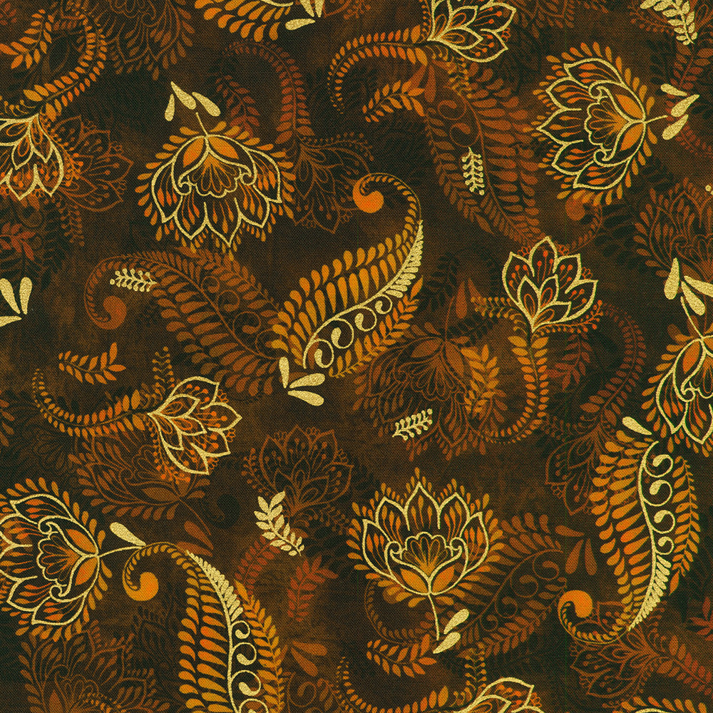 Golden Feathers Paisley Vine Redwood metallic quilting fabric by Studio RK for Robert Kaufman featuring elegant paisley vines and floral motifs on a deep redwood background with gold metallic accents.