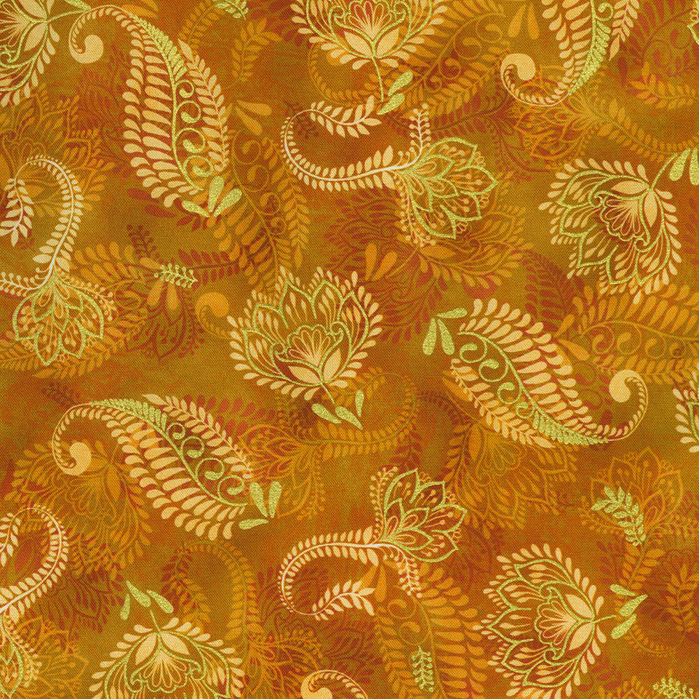 Golden Feathers Paisley Vine Orange Spice metallic quilting fabric by Studio RK for Robert Kaufman featuring elegant paisley vines on a rich orange spice background with gold metallic accents.