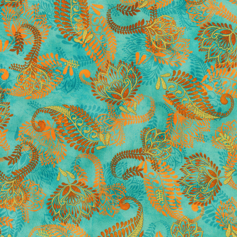 Golden Feathers Paisley Vine Aqua metallic quilting fabric by Studio RK for Robert Kaufman featuring elegant paisley vines and floral motifs on a vibrant aqua background with shimmering gold metallic accents.