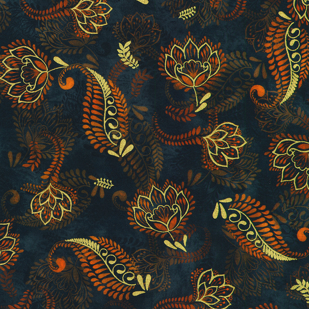 Golden Feathers Paisley Vine Navy metallic quilting fabric by Studio RK for Robert Kaufman featuring elegant paisley vines and floral motifs on a deep navy background with shimmering gold metallic accents.
