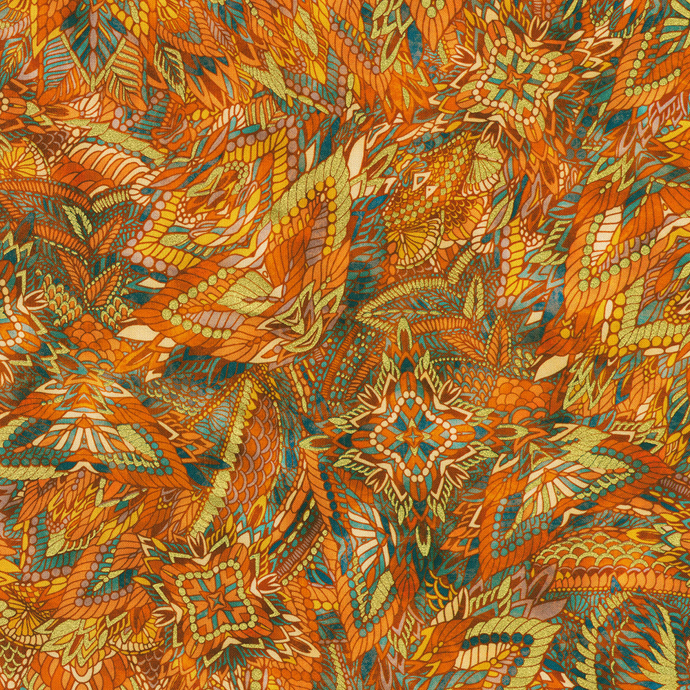 Golden Feathers Mosaic Feathers Saffron Metallic quilting cotton fabric by Studio RK for Robert Kaufman featuring colorful stylized feathers in saffron, teal, gold, and earth tones with shimmering metallic accents.