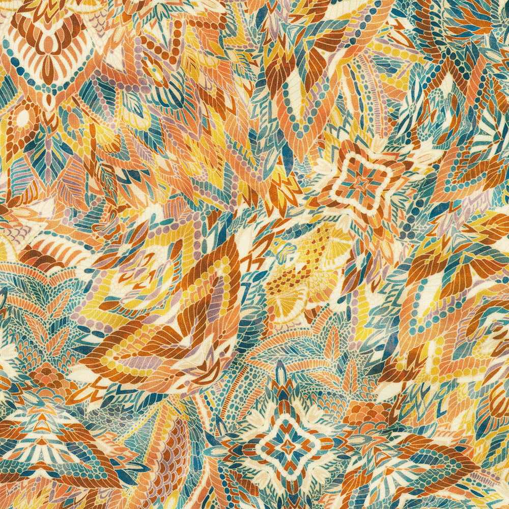 Golden Feathers Mosaic Feathers Topaz Metallic quilting cotton fabric by Studio RK for Robert Kaufman featuring colorful stylized feathers with shimmering metallic accents in topaz, teal, gold, and neutral tones.