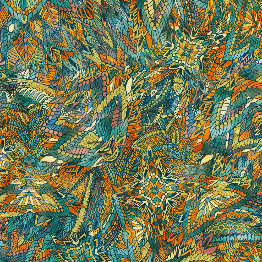 Golden Feathers Mosaic Feathers Peacock Metallic quilting cotton fabric by Studio RK for Robert Kaufman featuring an intricate mosaic of stylized feathers in peacock blue, teal, gold, sage, and shimmering metallic accents.