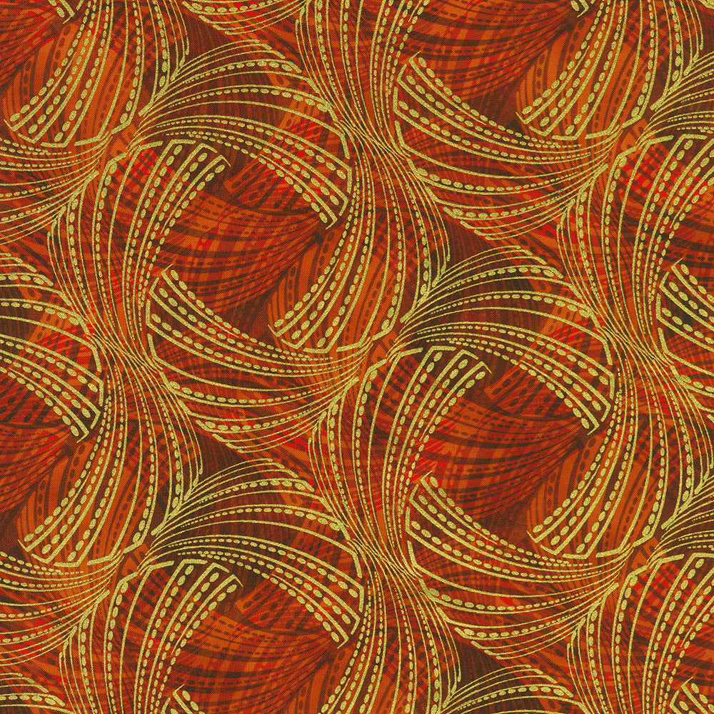 Golden Feathers Feather Swirls Cayenne Metallic quilting cotton fabric by Studio RK for Robert Kaufman featuring elegant gold metallic feather swirls on a rich cayenne background.