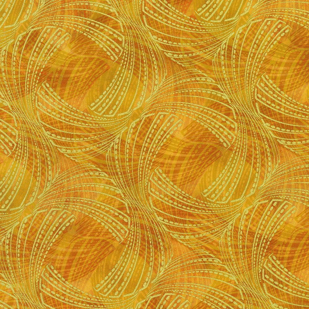 Golden Feathers Feather Swirls Honey Metallic quilting cotton fabric by Studio RK for Robert Kaufman featuring elegant gold metallic feather swirls on a warm honey background.