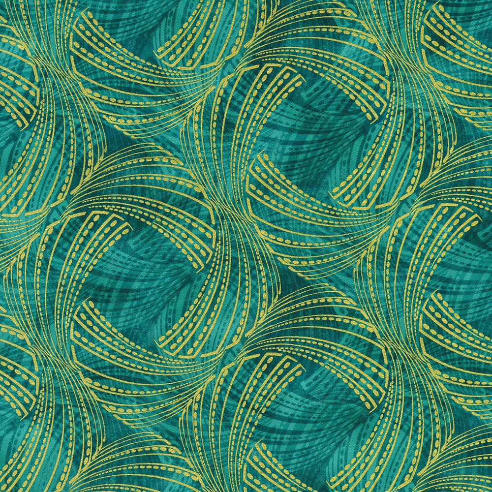 Golden Feathers Feather Swirls Teal Metallic quilting cotton fabric by Studio RK for Robert Kaufman featuring elegant gold metallic feather swirls on a rich teal background.