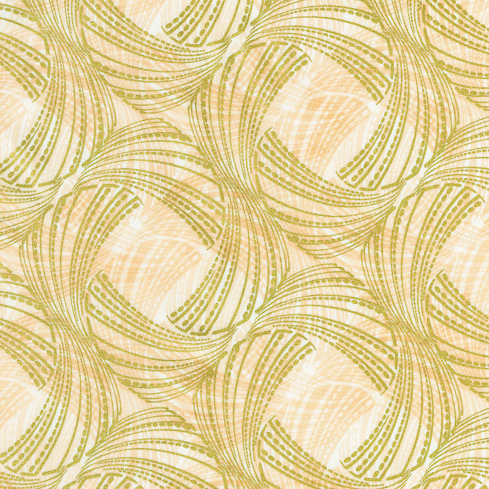 Golden Feathers Feather Swirls parchment metallic quilting cotton fabric with elegant gold swirling feather design by Studio RK for Robert Kaufman.