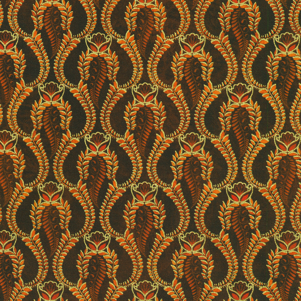 Golden Feathers Paisley Swirls Redwood metallic quilting cotton fabric by Studio RK for Robert Kaufman featuring ornate gold and copper paisley swirl motifs on a rich redwood brown background.