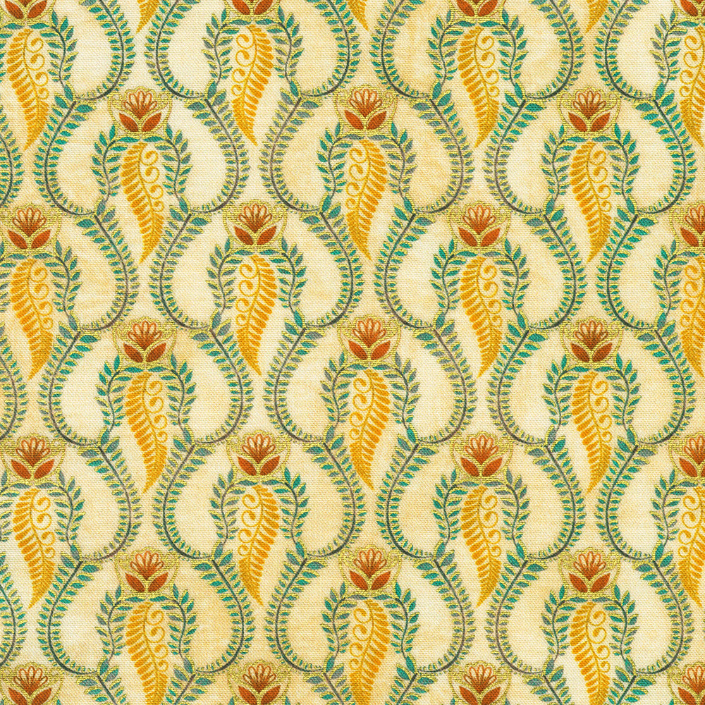 Golden Feathers Paisley Swirls Parchment metallic quilting cotton fabric by Studio RK for Robert Kaufman featuring ornate gold, teal, and copper paisley swirl motifs on a parchment cream background.