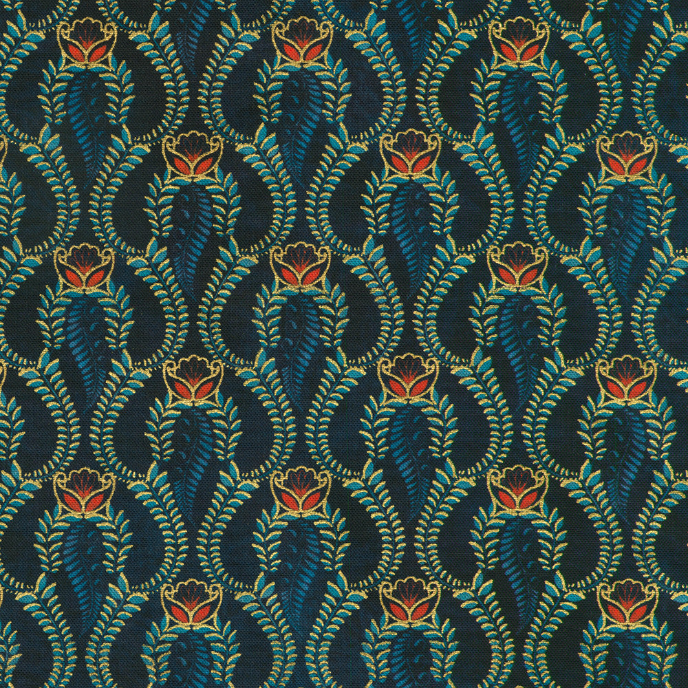 Golden Feathers Paisley Swirls Navy metallic quilting cotton fabric by Studio RK for Robert Kaufman featuring ornate gold, teal, and copper paisley swirl motifs on a deep navy background.