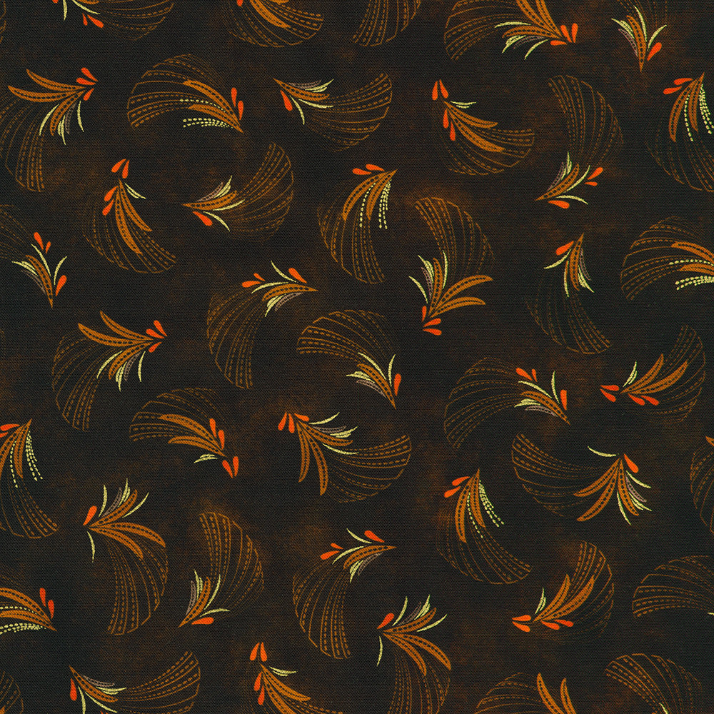 Golden Feathers Feather Toss Mahogany Metallic quilting cotton fabric by Studio RK for Robert Kaufman featuring shimmering gold feather motifs on a rich mahogany brown background.