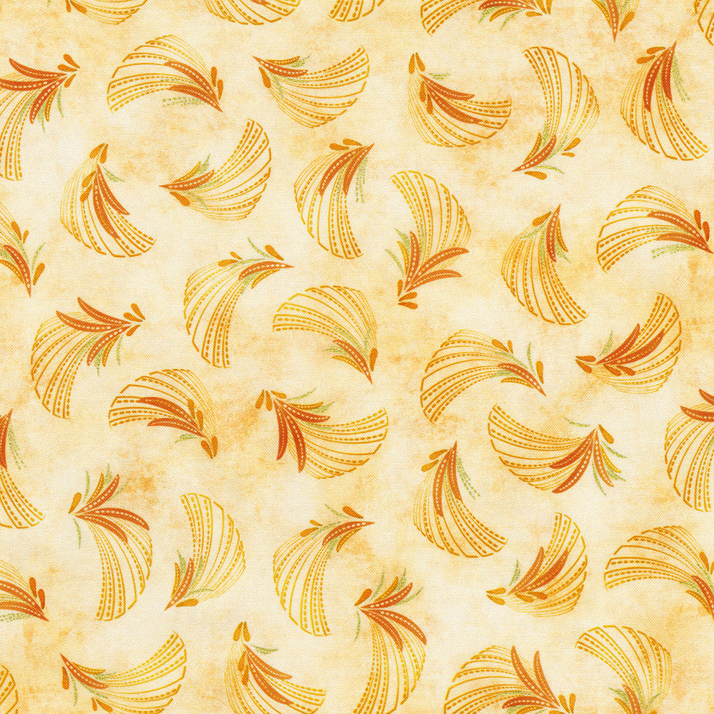 Golden Feathers Feather Toss parchment metallic quilting cotton fabric by Studio RK for Robert Kaufman featuring scattered gold feather motifs on a cream parchment background.
