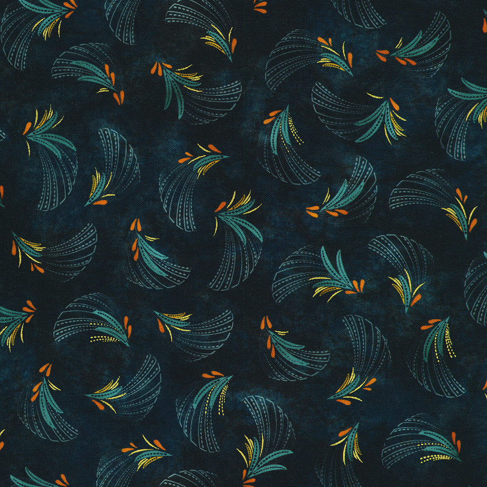 Golden Feathers Feather Toss Navy Metallic quilting cotton fabric by Studio RK for Robert Kaufman featuring shimmering metallic feather motifs in teal, gold, and copper on a deep navy background.