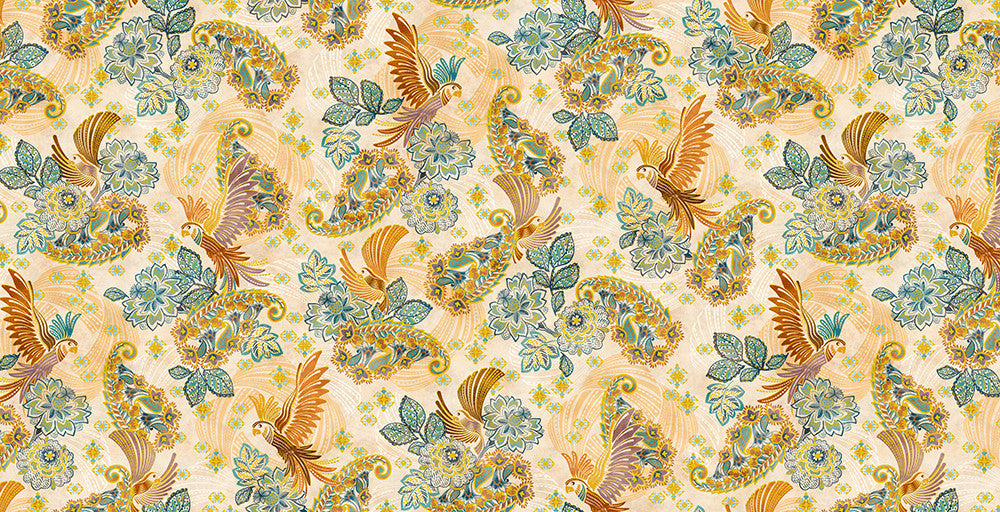 Golden Feathers Birds Parchment Metallic cotton fabric by Studio RK for Robert Kaufman featuring elegant birds, paisley feathers and floral motifs with metallic gold accents on a parchment background, ideal for quilting, bags and home décor.