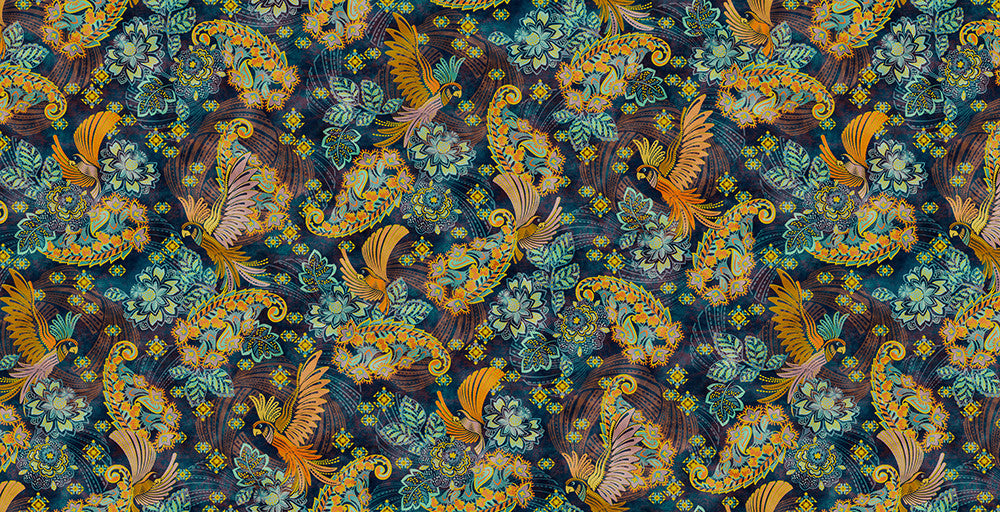 Golden Feathers Birds Navy Metallic cotton fabric by Studio RK for Robert Kaufman featuring elegant birds, ornate paisley feathers and floral motifs with metallic gold accents on a navy background, ideal for quilting, bags and home décor.