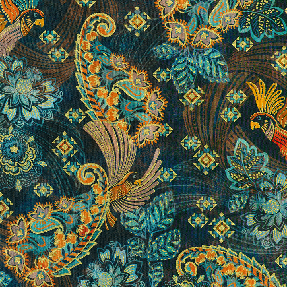 Golden Feathers Birds Navy Metallic cotton fabric by Studio RK for Robert Kaufman featuring elegant birds, ornate paisley feathers and floral motifs with metallic gold accents on a navy background, ideal for quilting, bags and home décor.