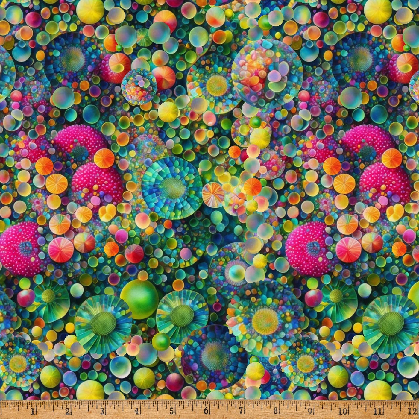 Kaleido Blooms Multi digital print fabric by Marlies Janssen of Candy Quilt Designs for Hoffman Fabrics featuring colorful kaleidoscopic floral medallions, floating bubbles, and jewel-toned circles on a dark background in shades of teal, turquoise, pink, yellow, orange, green, blue, and purple.