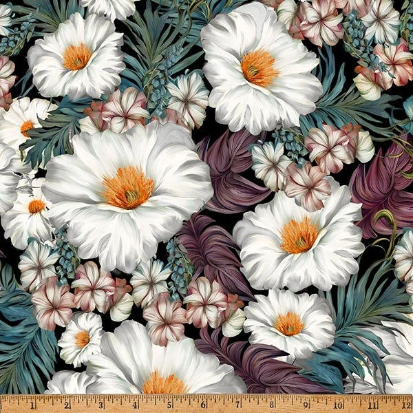 Tropical Garden White fabric from the Island Bouquet collection by Hoffman Fabrics featuring large white tropical flowers, blush blossoms, plum foliage, and teal-green botanical leaves on a black background printed on premium quilting cotton.
