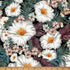 Tropical Garden White fabric from the Island Bouquet collection by Hoffman Fabrics featuring large white tropical flowers, blush blossoms, plum foliage, and teal-green botanical leaves on a black background printed on premium quilting cotton.