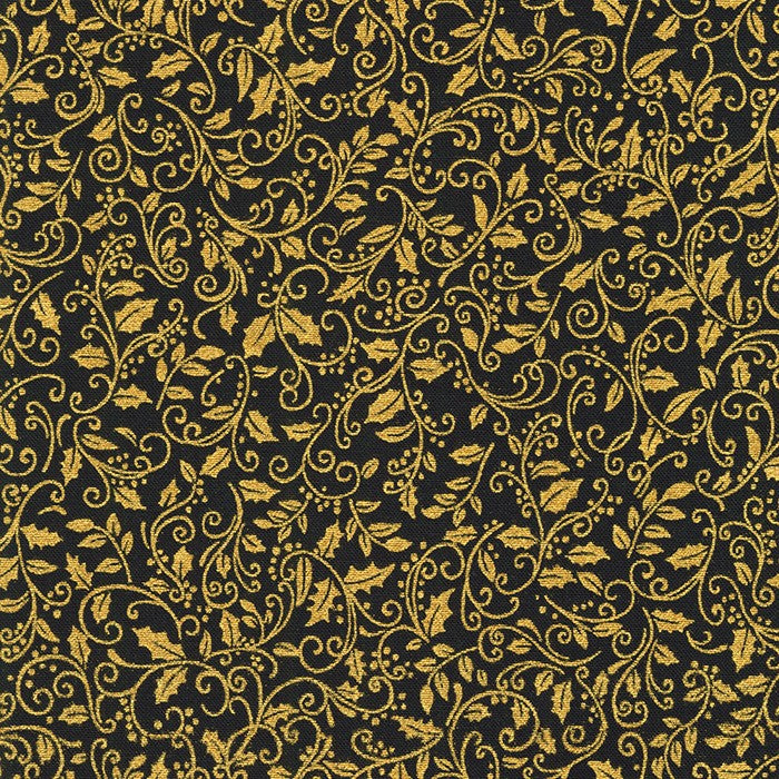 Holiday Charms - Holly Black Gold Metallic Yardage