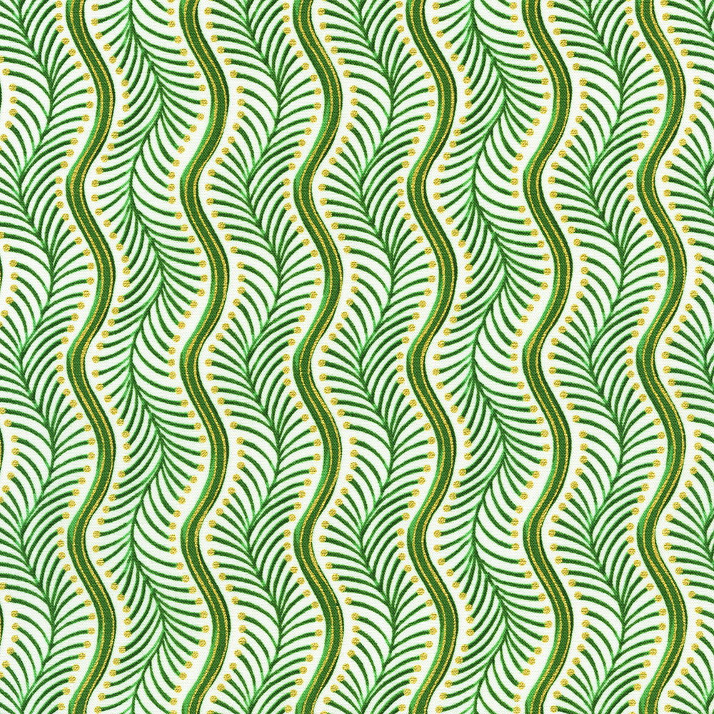Holiday Flourish Peppermint Twist Wavy Stripe Vanilla Metallic fabric by Studio RK for Robert Kaufman featuring elegant green flowing stripes with metallic gold accents on a vanilla background, perfect for Christmas quilts, holiday décor, and festive sewing projects.