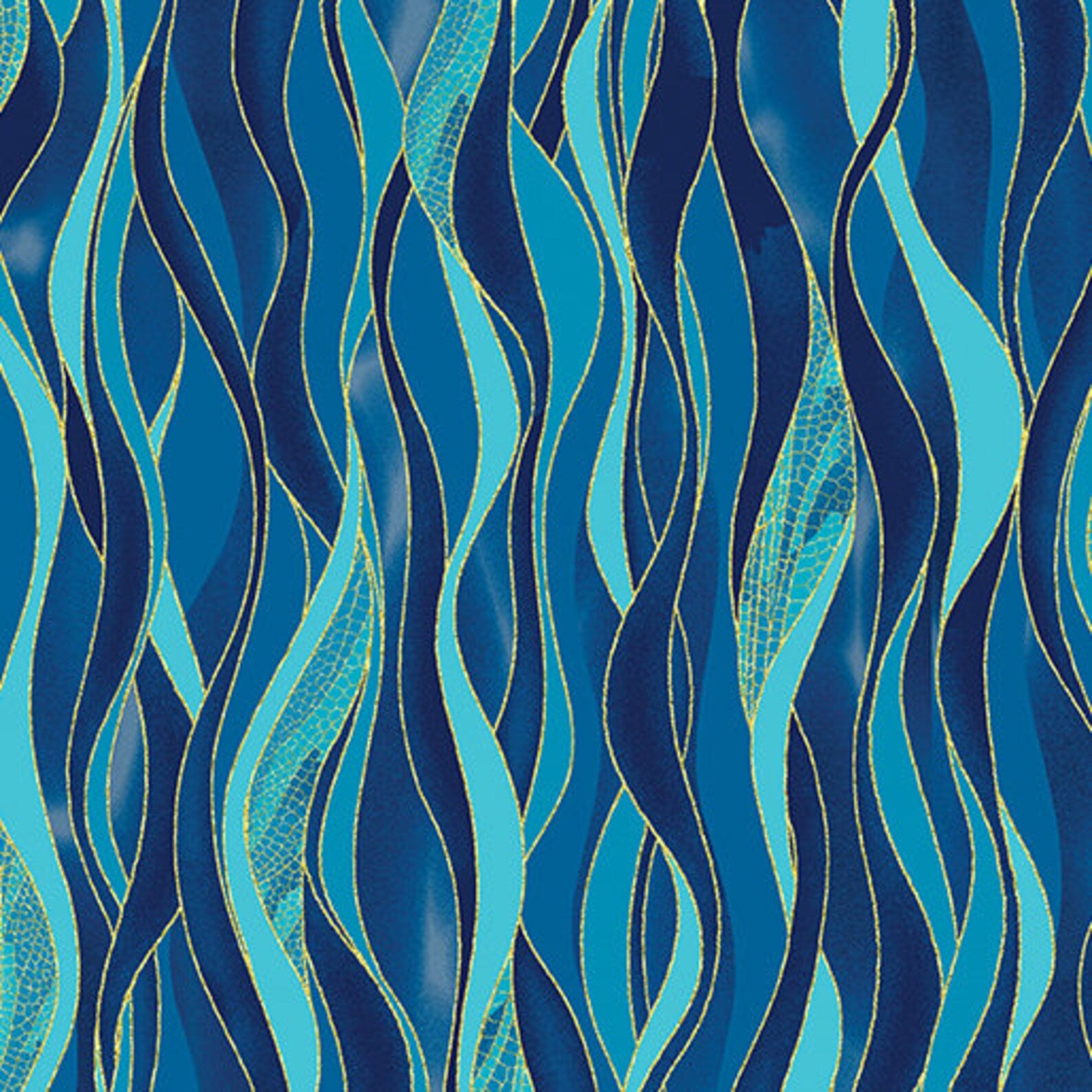 Blue and turquoise flowing wave pattern fabric with metallic gold accents, inspired by ocean currents and coastal waters.