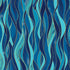 Blue and turquoise flowing wave pattern fabric with metallic gold accents, inspired by ocean currents and coastal waters.