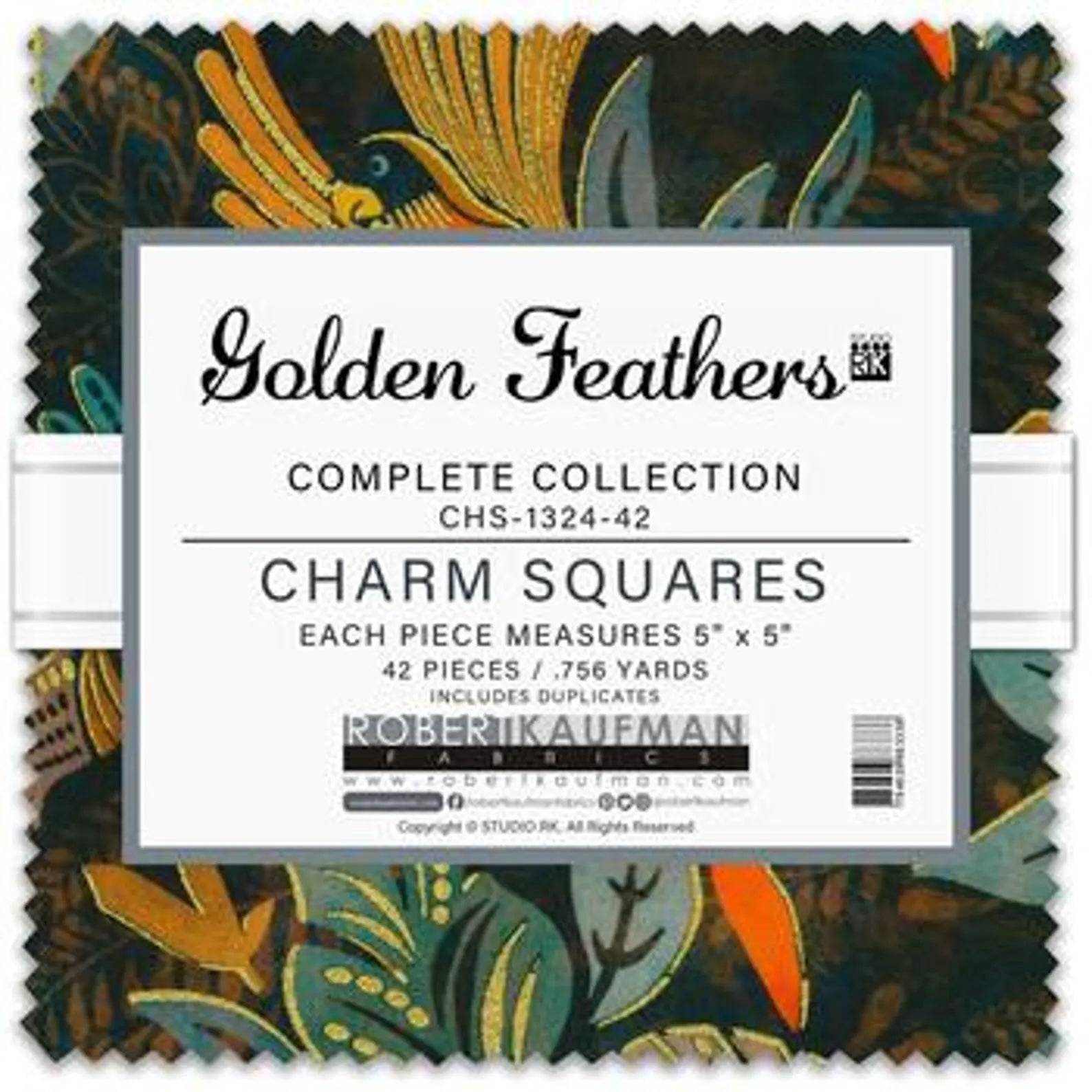 Golden Feathers Charm Squares precut quilting fabric bundle by Studio RK for Robert Kaufman featuring 42 metallic 5-inch cotton squares with coordinating birds, feathers, foliage, and paisley prints.