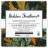 Golden Feathers Charm Squares precut quilting fabric bundle by Studio RK for Robert Kaufman featuring 42 metallic 5-inch cotton squares with coordinating birds, feathers, foliage, and paisley prints.