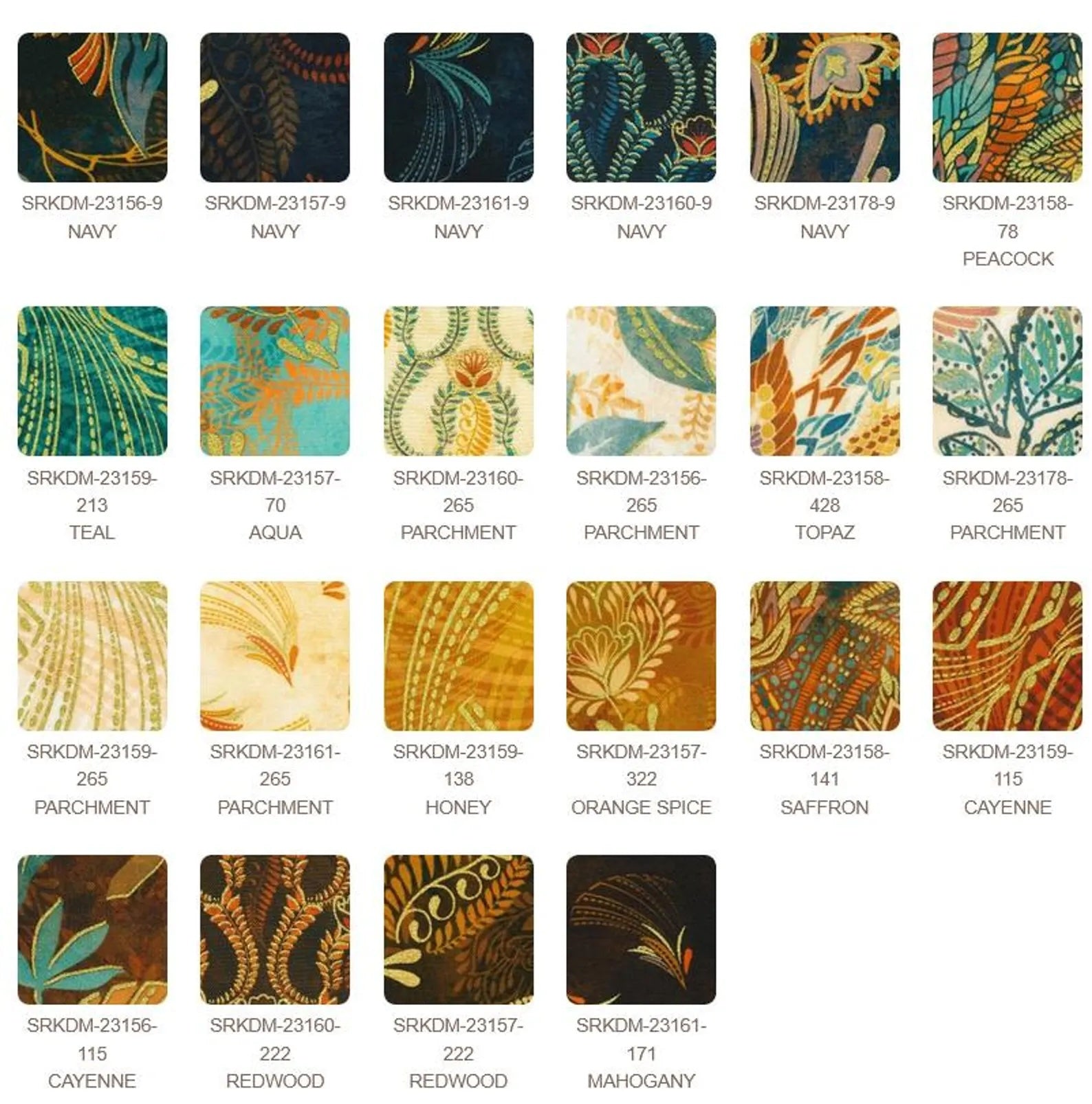 Golden Feathers Complete Collection Ten Squares (Layer Cake) by Studio RK for Robert Kaufman featuring 42 metallic 10-inch quilting cotton squares with coordinating bird, feather, foliage, and paisley prints in navy, teal, parchment, peacock, saffron, cayenne, and other jewel-tone colorways.