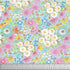 Colorful pastel flowers in pink, blue, yellow, and white on a sky blue background cotton fabric, Morning Glory Pink from the Meadow collection by Dena Designs.