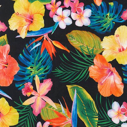 Island Sanctuary - Tropicals on Black Yardage