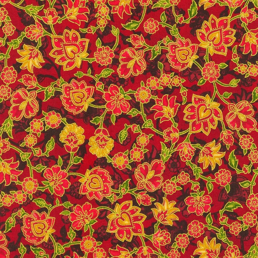Jeweled Leaves - Heart Blossoms Crimson Metallic Yardage