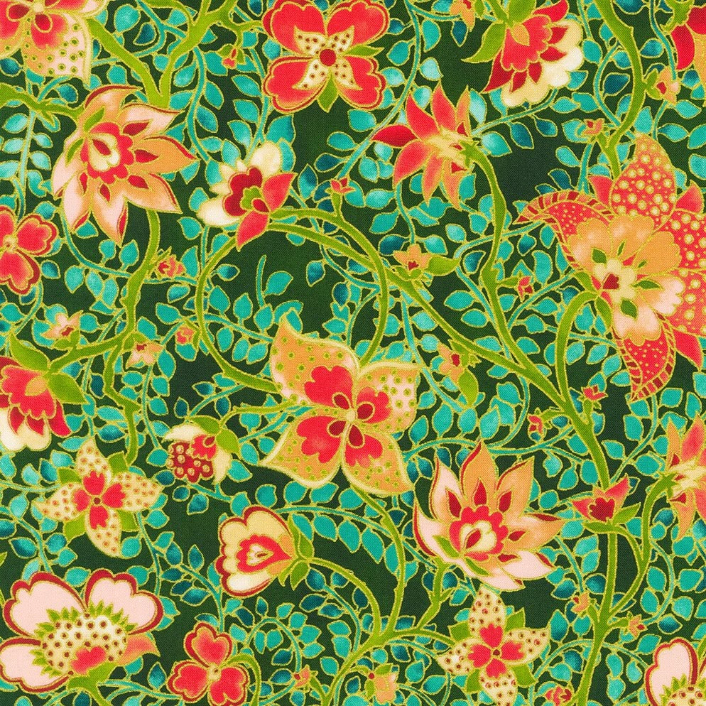 Jeweled Leaves - Floral Meadow Gold Metallic Yardage