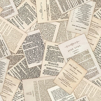 Library of Rarities Wide Book Pages Vintage 108-inch wide backing fabric by Robert Kaufman featuring an allover collage of antique book pages and vintage printed text on premium quilting cotton, ideal for quilt backs and home décor projects.