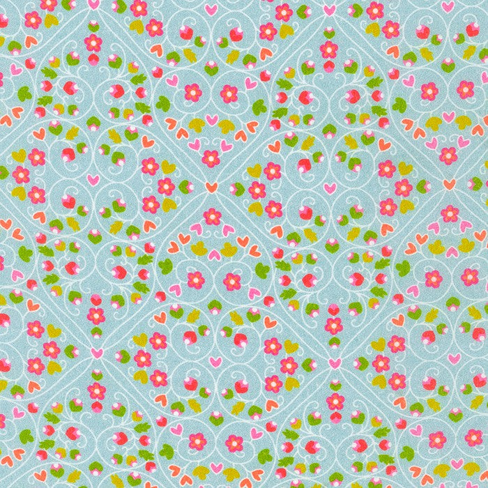 London Calling 11 Lawn - Florals Hearts Pastel Blue Yardage