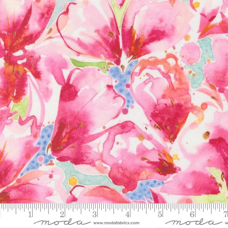 Soulstice Rayon Kabloom Peony fabric featuring oversized watercolor pink peony flowers with coral, aqua, and green accents by Create Joy Project for Moda Fabrics.