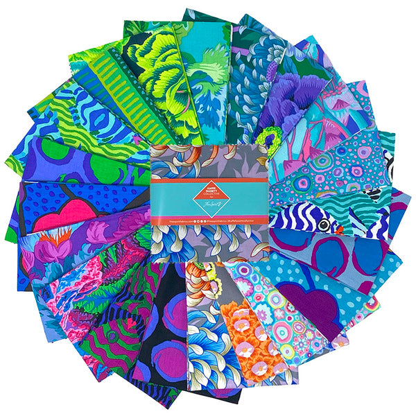 Kaffe Fassett Collective August 2025 Cool charm squares in vibrant floral and geometric designs.
