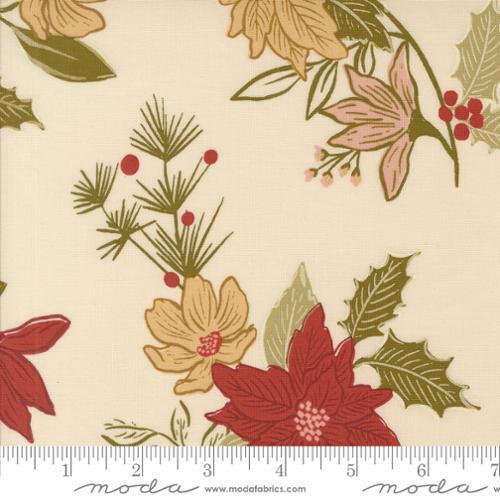 Christmas floral fabric with poinsettias, holly leaves, and pine sprigs on eggshell background by Moda Fabrics