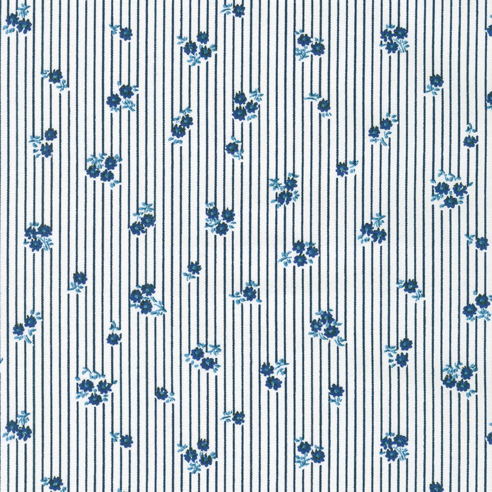 Sevenberry Petite Garden Blues - Floral Stripes Navy Yardage