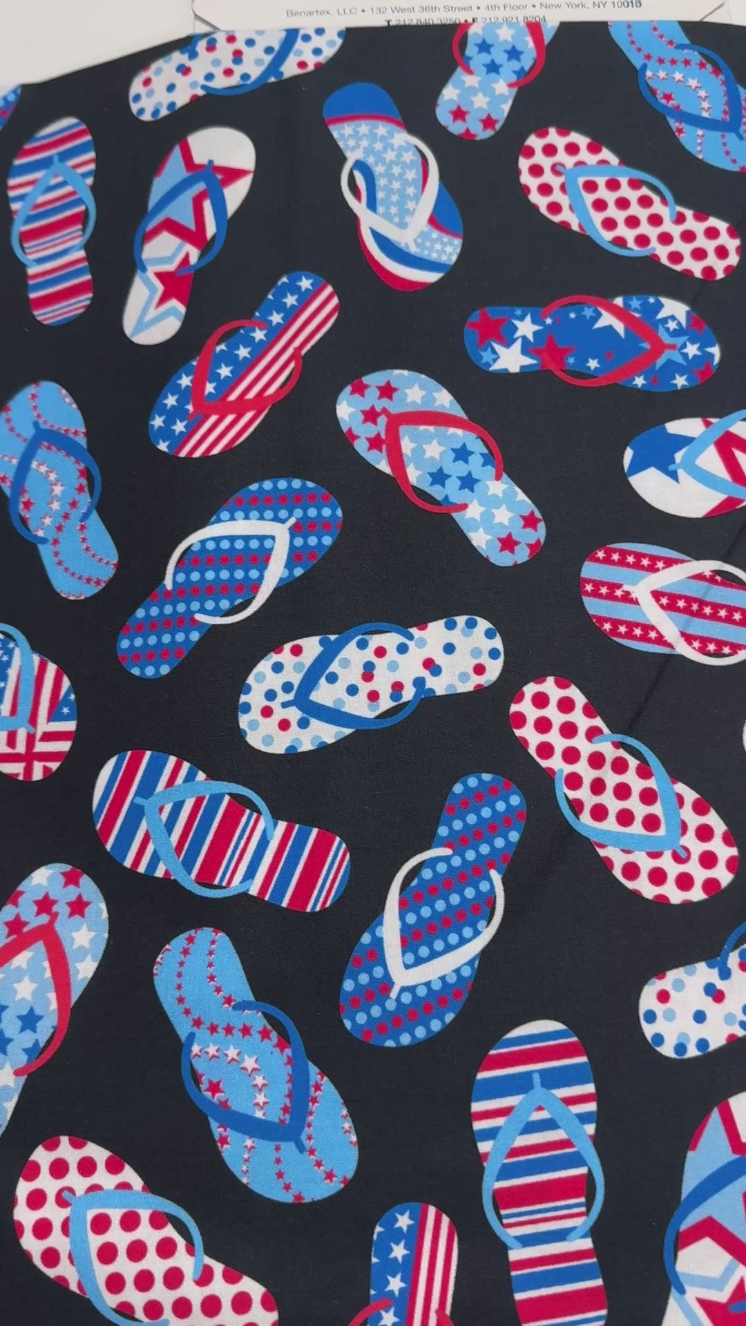 Red White & True Flip Flops on Black Fabric by Kanvas Studio – Patriotic summer cotton