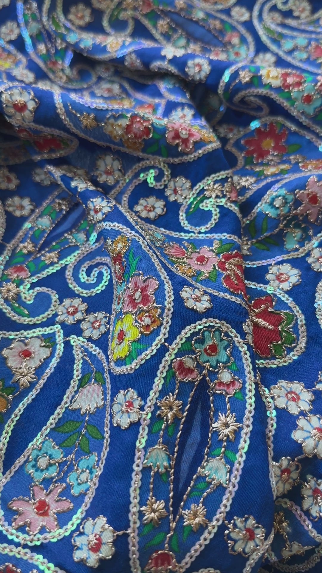 Blue Paisley Embroidered Crepe Silk Fabric with Sequin Detailing