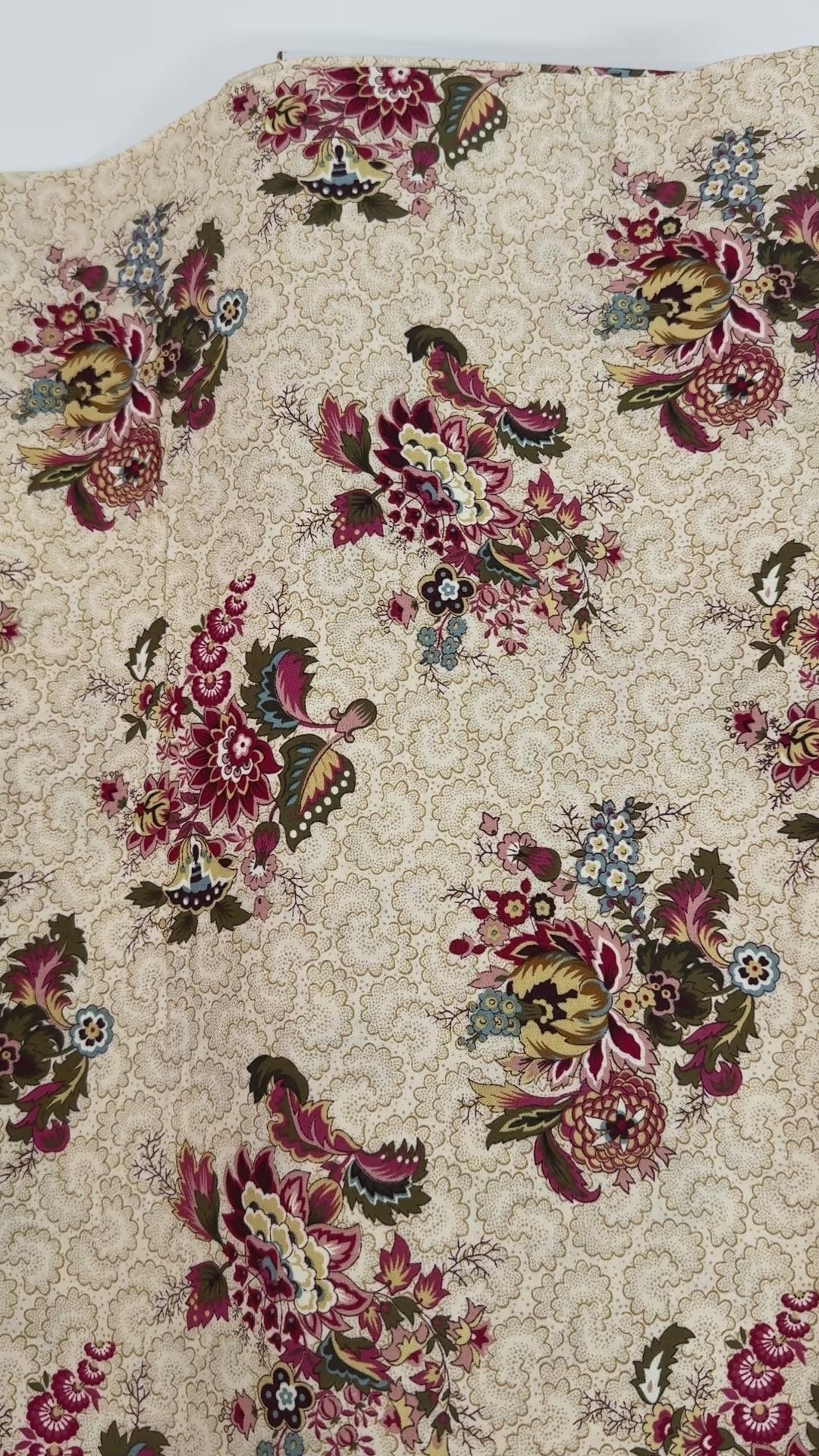 Vintage floral cotton fabric featuring colorful bouquet medallions on a cream foulard background, Marseille collection by Dover Hill for Benartex.